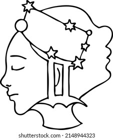 Zodiac symbol Gemini with stars constellation for future telling. Beautiful woman face horoscope sing mysterious and occult science. Hand drawn vector illustration. Simple black line drawing.