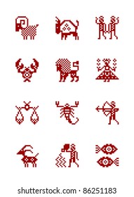 Zodiac Symbol icons in style of north Russian pattern. Set of zodiac astrology - vector illustration