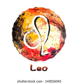 zodiac symbol Leo on a multicolored background, painted with oil paints.