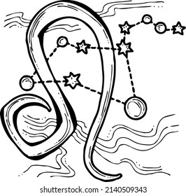 Zodiac symbol Leo with stars constellation for future telling. Horoscope sing mysterious and occult science. Hand drawn retro vintage vector illustration. Comics cartoon old school style drawing. 