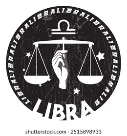 Símbolo del zodiaco libra con la impresión gráfica de la tipografía de las escalas, dibujo Abstractas de la moda y diseño creativo para las camisetas, taza, camiseta gráfica, sudadera, casos, etc. Ilustración en estilo moderno para la ropa