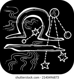 Zodiac symbol Libra with stars constellation for future telling. Horoscope sing mysterious and occult science. Hand drawn retro vintage vector illustration. Comics cartoon character drawing. 