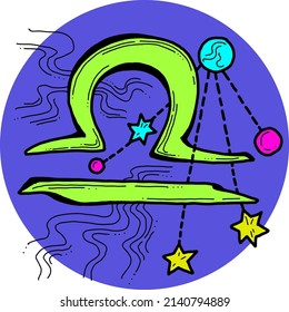 Zodiac-Symbol Libra mit Sternbildern für das zukünftige Erzählen. Das Horoskop singt geheimnisvolle und okkulte Wissenschaft. Handgezeichnet Retro Vintage Vektorgrafik. Comics Cartoon Zeichenkette. 