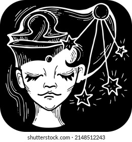 Zodiac symbol Libra with stars constellation for future telling. Beautiful face horoscope sing mysterious and occult science. Hand drawn retro vintage illustration. Old style line drawing. 