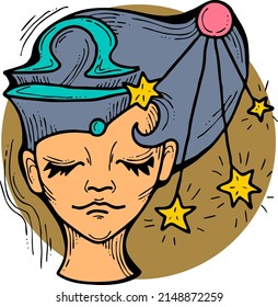 Zodiac symbol Libra with stars constellation for future telling. Beautiful face horoscope sing mysterious and occult science. Hand drawn retro vintage vector illustration. Old style line drawing. 