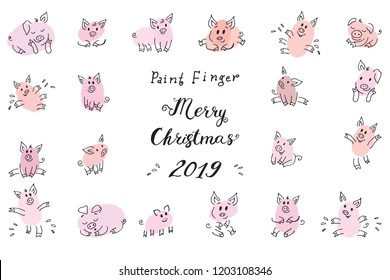 Zodiac Symbol of the New Year 2019 Piggy pink fun Fingerprint collection drawings of Piglets Greeting cards of the Christmas 2019 Lettering