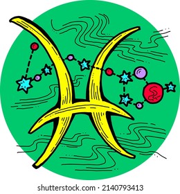 Zodiac-Symbol Pisces mit Sternkonstellation für zukünftige Auftritte. Das Horoskop singt geheimnisvolle und okkulte Wissenschaft. Handgezeichnet Retro Vintage Vektorgrafik. Comiczeichner im Stil der alten Schule.