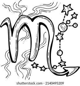 Zodiac symbol Scorpio with stars constellation for future telling. Horoscope sing mysterious and occult science. Hand drawn retro vintage vector illustration. Comics cartoon character line drawing. 