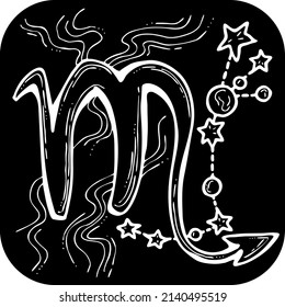 Zodiac symbol Scorpio with stars constellation for future telling. Horoscope sing mysterious and occult science. Hand drawn retro vintage vector illustration. Comics cartoon character line drawing. 