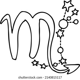 Zodiac symbol Scorpio with stars constellation for future telling. Horoscope sing mysterious and occult science. Hand drawn retro vintage vector illustration. Comics cartoon character line drawing. 