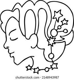 Zodiac symbol Scorpio with stars constellation for future telling. Beautiful woman face horoscope sing mysterious and occult science. Hand drawn vector illustration. Simple black line drawing.