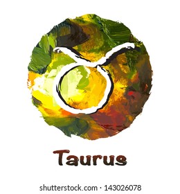 zodiac symbol Taurus on a multicolored background, painted with oil paints.