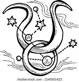 Zodiac symbol Taurus with stars constellation for future telling. Horoscope sing mysterious and occult science. Hand drawn retro vintage vector illustration. Old style school comics cartoon drawing.