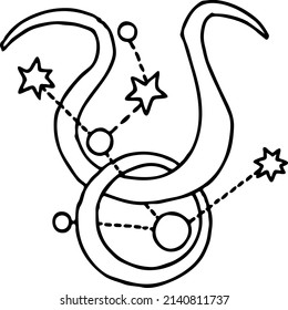 Zodiac symbol Taurus with stars constellation for future telling. Horoscope sing mysterious and occult science. Hand drawn retro vintage vector illustration. Old style school comics cartoon drawing.