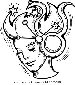 Zodiac symbol Taurus with stars constellation for future telling. Beautiful face Horoscope sing mysterious and occult science. Hand drawn retro vintage vector illustration. Old style cartoon drawing.