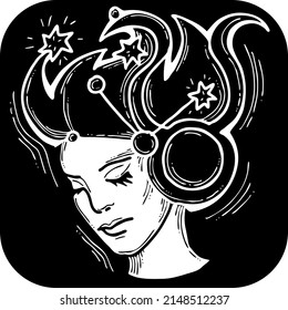 Zodiac symbol Taurus with stars constellation for future telling. Beautiful face Horoscope sing mysterious and occult science. Hand drawn retro vintage illustration. Old style comics cartoon drawing.
