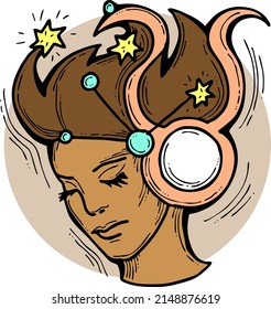 Zodiac symbol Taurus with stars constellation for future telling. Beautiful face Horoscope sing mysterious and occult science. Hand drawn retro vintage vector illustration. Old style cartoon drawing.