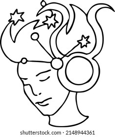 Zodiac symbol Taurus with stars constellation for future telling. Beautiful woman face horoscope sing mysterious and occult science. Hand drawn vector illustration. Simple black line drawing.