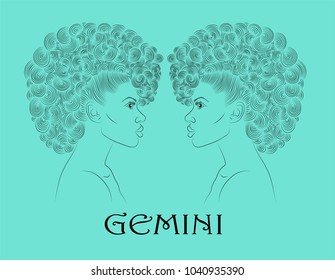 the zodiac symbol, two twin girls or women with frizzy and curly hair, looking at each other eye to eye