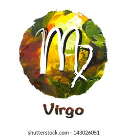 zodiac symbol Virgo on a multicolored background, painted with oil paints.