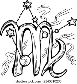 Zodiac symbol Virgo with stars constellation for future telling. Horoscope sing mysterious and occult science. Hand drawn retro vintage vector illustration. Comics cartoon character drawing. 