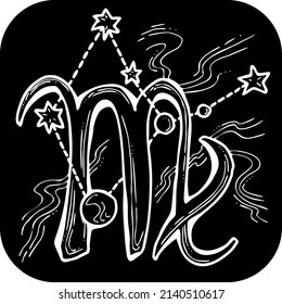 Zodiac symbol Virgo with stars constellation for future telling. Horoscope sing mysterious and occult science. Hand drawn retro vintage vector illustration. Comics cartoon character drawing. 
