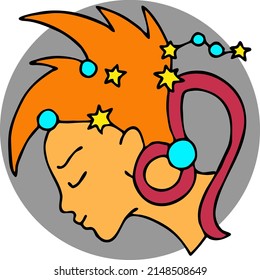 Zodiac symbol Virgo with stars constellation for future telling. Beautiful face horoscope sing mysterious and occult science. Hand drawn retro vintage vector illustration. Cartoon character drawing. 