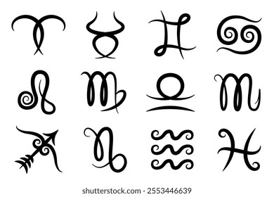 Zodiac symbols. Abstract calligraphic line art, stylized decorative zodiac symbols.