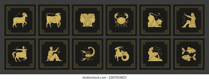 Símbolos zodiacales astrología horoscopio antigüedades línea dorada arte deco vintage diseño conjunto ilustración vectorial. Mitología sagrada astrológica constelación celestial ornamento de marco antiguo astral