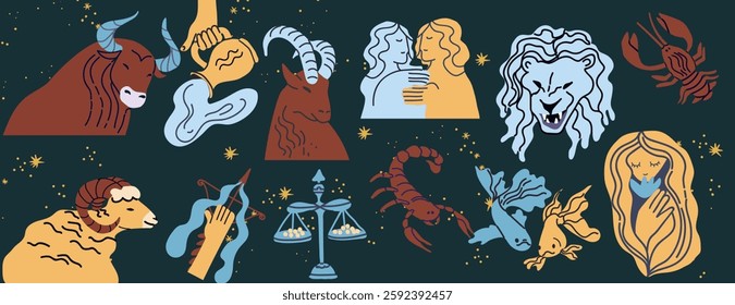 Zodiac symbols for astrology horoscope. Twelve astral constellation signs set. Styled Aries, Pisces, Aquarius, Capricorn, Gemini, Taurus, Virgo, Sagittarius, Scorpio, Leo, Libra. Hand drawn vector il.