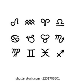 Zodiac symbols. Black Astrological signs isolated on white background.