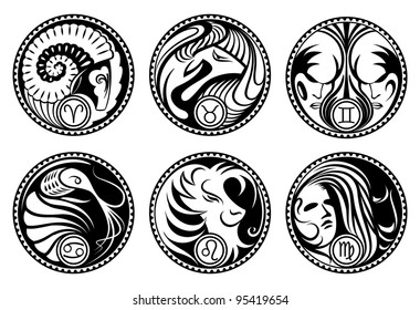 Zodiac symbols. Black&white rounded stylized zodiac icons.