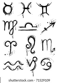 zodiac symbols, carelessly painted in black on a white background.