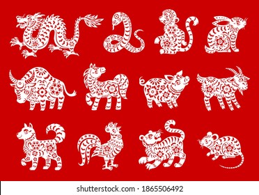 Zodiac symbols of Chinese horoscope animals vector design. Lunar New Year paper cut dragon, rat or mouse, tiger, pig, monkey and dog, horse, snake and goat, ox, rabbit and rooster, astrology themes