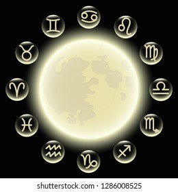 zodiac symbols in circle at full moon vector illustration EPS10