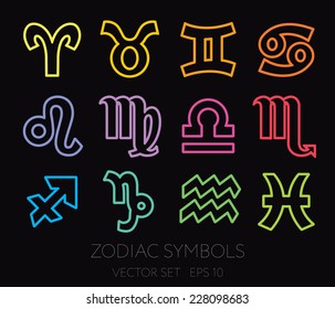 Zodiac symbols - colored set of icons on black background, signs isolated. Can be used in  web or print, editable.