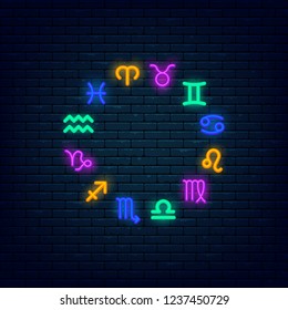 Zodiac symbols colorful neon banner at brick wall. Icon set. Element for presentations, smm, stories, posters or postcards. Vector, isolated, eps 10.