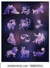 Zodiac symbols and constellations on space background. Beautiful semi-transparent horoscope signs with purple gradient.