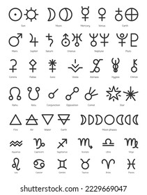 Zodiac symbols, constellations, planets and four elements set. Ritual astrology, ancient alchemy, horoscope signs, planet symbols and Moon phases pictogram elements outline vector illustration