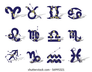Zodiac symbols decorated zodiac constellations. Isolated on white background