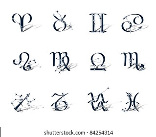 Zodiac symbols decorated zodiac constellations. Isolated on white background