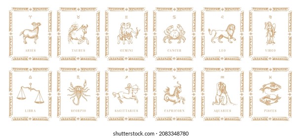 Zodiac-Symbole im Rahmen, Vintage-Horoskop-Karten im Gravierstil. Handgezeichnete Illustrationen mit astrologischen Zeichen mit Sonne und Crescent in Vektorgrafik. 