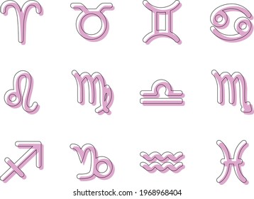 Zodiac symbols. Horoscope and astrology line signs, Aries, Taurus, Gemini, Cancer, Leo, Virgo, Libra, Scorpio, Sagittarius, Capricorn, Aquarius, Pisces. Vector design illustrations zodiac symbolism se