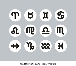Zodiac Symbols Icons Black & White Flat Design Circle Set Big