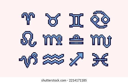 Zodiac symbols pixel art set. Horoscope collection. Astrology signs 8 bit sprite. Game development, mobile app.  Isolated vector illustration.