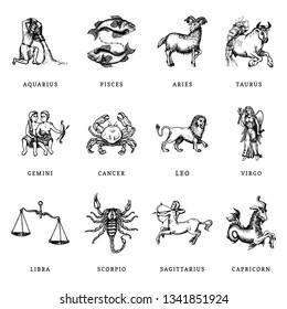 Zodiac-Symbole, handgezeichnet im Gravierstil. Vektorgrafik-Retrografik astrologischer Zeichen.