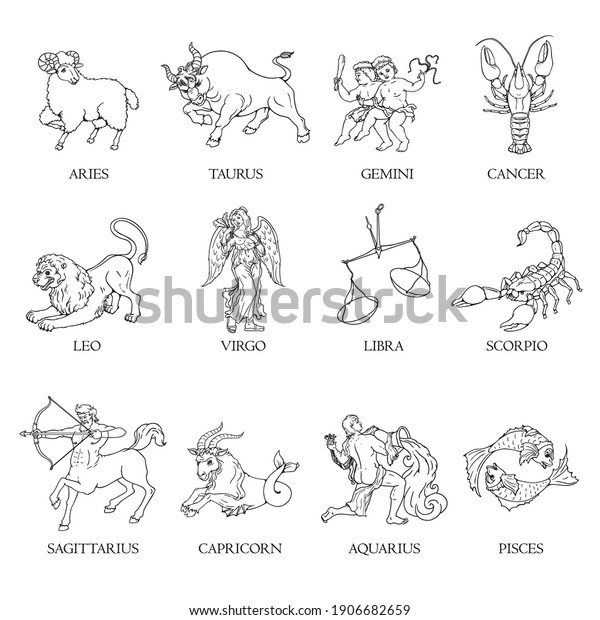 Zodiac symbols set. Sketch style Zodiac\
signs. Hand drawn astrological signs. Vector illustrations isolated\
on white background.