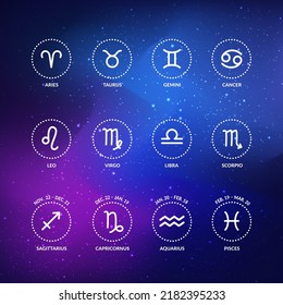 Zodiac-Symbole. Satz von weißen Zodiakikonen in runder Form einzeln auf Raumhintergrund. Astrologische Symbole, Tierkreiszeichen. Vedische Astrologie