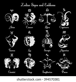 Zodiac symbols or signs. White images and text ob black background. Vector illustration