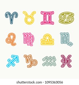 Zodiac symbols textured by connected lines with dots pattern. Astrology collection